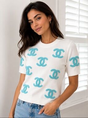 White Tee Sweater with Aqua CC Appliqués